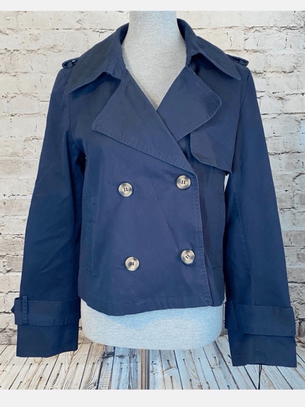 Bagatelle Womens Trench Coat Cropped Stretch Belted Cuff Stretch Blue